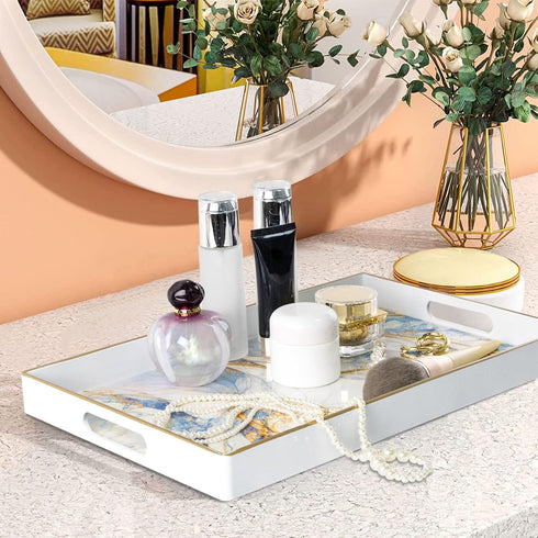 15.8" 11.8" 1.6" MAONAME Rectangular Decorative Tray, Modern White Serving Tray with Handles, Marbling Plastic Trays