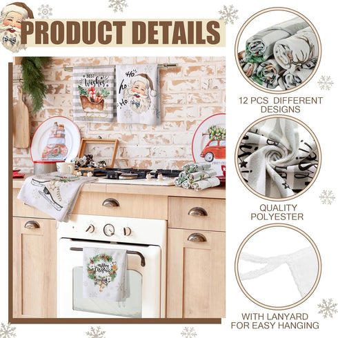 VitalCozy 12 14.2 21.3 Inch Pcs Christmas Kitchen Towels and Dishcloths Absorbent Stripe Christmas Tree Reindeer Santa