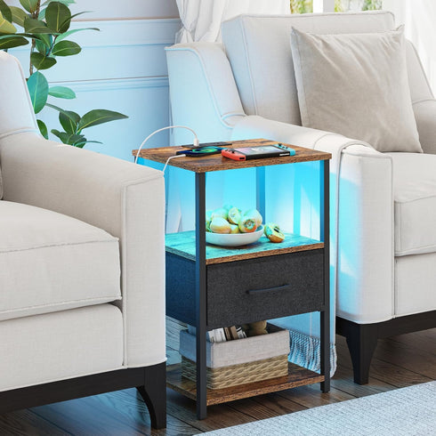 TB01BB069L TUTOTAK LED Nightstand, Night Stand with Charging Station, End Table, Bedside Table with Fabric Drawer