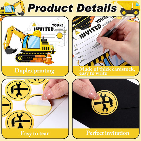 30 Sets Construction Excavator Birthday Party Invitations Cards with Envelopes Stickers Construction Themed Invitations