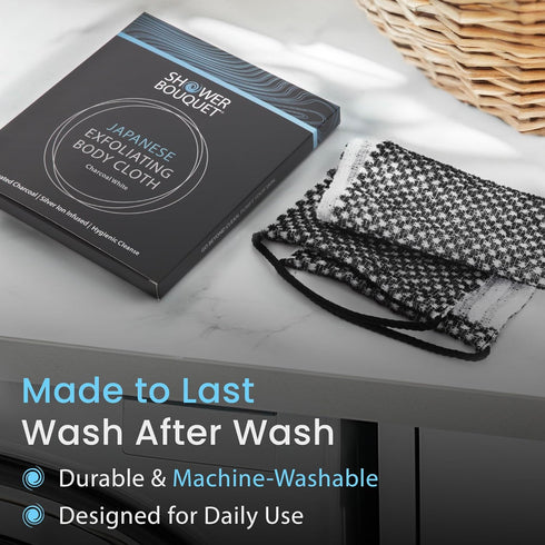 2-Pack 1 1 Japanese Exfoliating Washcloth for Back & Body - Charcoal & Silver Ion Exfoliating Towel with Handles