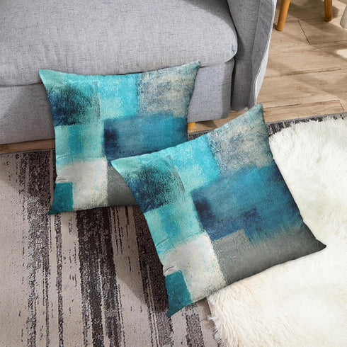 Emvency Set of 2 Teal Throw Pillow Covers, 18x18 Inches Modern Abstract Painting Turquoise White Gray Home Decor