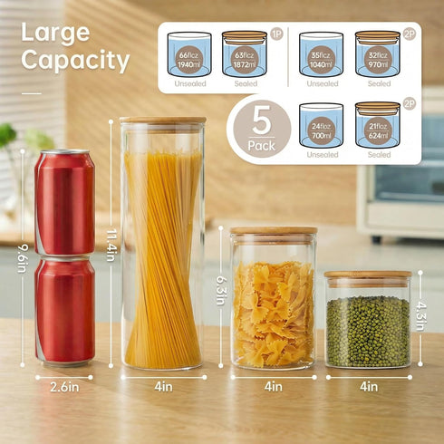 5 Pack Multi Size - Glass Jars with Bamboo Lids, Glass Pantry Storage Containers with Airtight Lids, Round Air Tigh