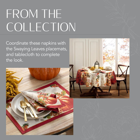 Elrene Home Fashions Swaying Leaves Bordered Fall Napkins, 17" x 17", Set of 8 for Seasonal Dinner