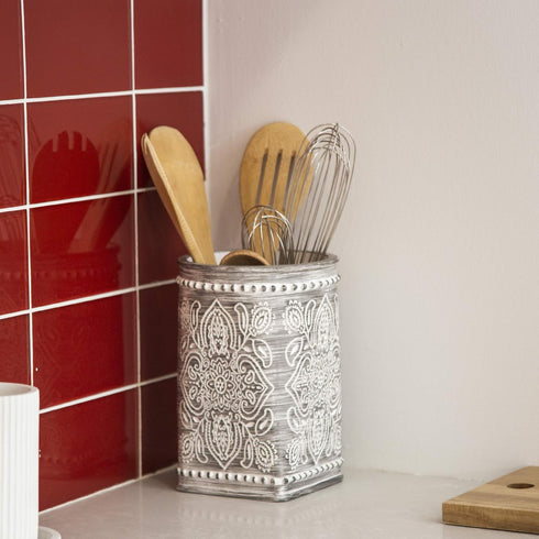 BINO Kitchen Utensil Holder for Countertop, Grey Wildflower Utensil Caddy for Cooking Utensils and Spatula Holder