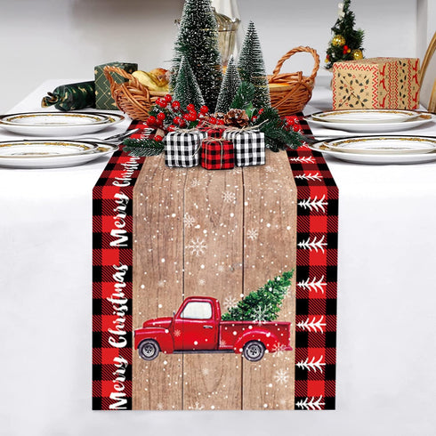 Christmas Table Runner 72 Inch Truck with Xmas Trees, Red Black Buffalo Plaid Cotton Linen for Holiday Party