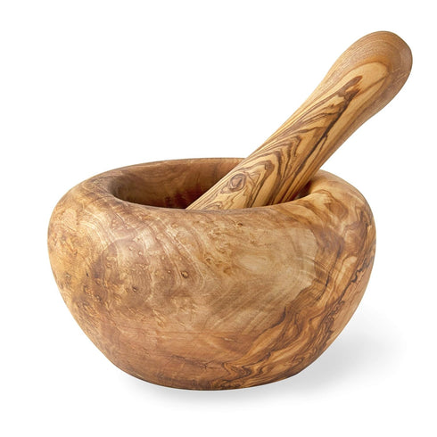 Set Forest Decor Olivewood Mortar and Pestle - Premium Wood Herb and Spice Grinder - Essential Kitchen Accessories