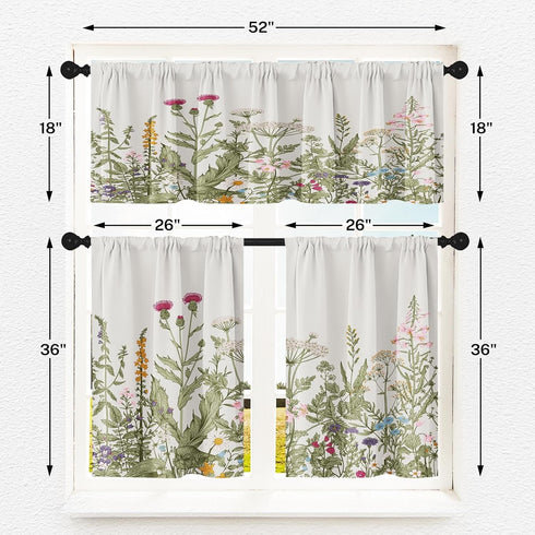 Emvency Floral Herbs Kitchen Window Curtains, 36 Inch Valance and Tier Set, Vintage Sage Green Leaf Treatment
