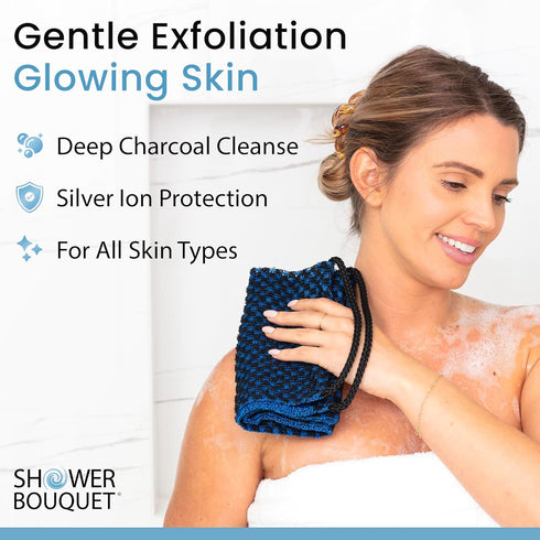 Japanese Exfoliating Washcloth for Back & Body - Charcoal & Silver Ion Exfoliating Towel with Handles - Two-Sided