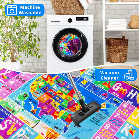 59"39.4" USA Map ABC Kid Rug for Playroom Geography Classroom Play Rug Educational Baby Playmat Alphabet Mat State