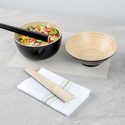 Restaurantware Bambuddha 9.8 Inch Bamboo Serving Set, 2-Piece Black Bamboo Salad Server Set with Heavy-duty Tongs