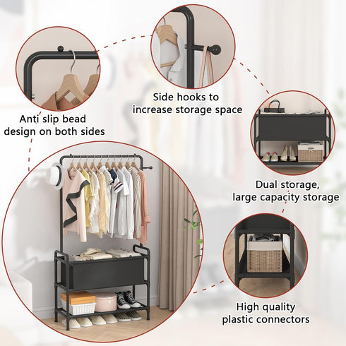 Calmootey Clothing Rack with Storage Bag, 3-in-1 Garment Rack for Bedroom, Hallway, Entryway, Black
