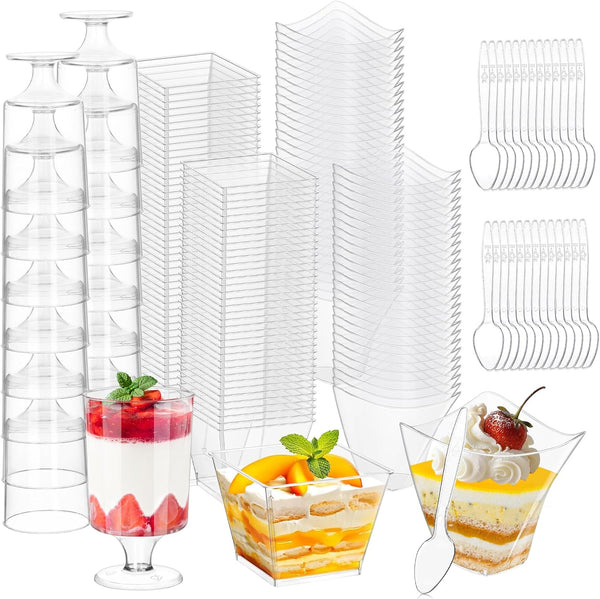 tchrules 300 Packs 4oz Dessert Cups with Spoons, 3 Styles Mini Plastic