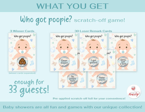 Party Hearty Baby Shower Games, 33 Poopie Emoji Scratch Off Lottery Tickets for Girl and Boy