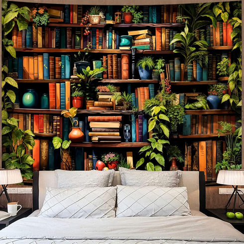 Accnicc 80 60 inch Botanical Bookshelf Tapestry Lush Green Plant Book Shelf Tapestries Wall Hanging Art Vintage Retro