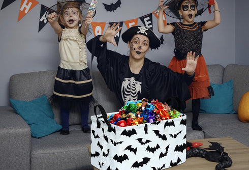 KUNRO Bat Pattern Halloween Storage Gift Basket, Canvas Storage Bins with Handles, Rectangle Organizer