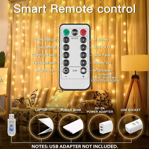 suddus 200 LED Curtain Lights for Bedroom, Fairy String Lights Indoor Outdoor for Christmas, Party Decor