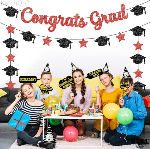 KatchOn Glitter Congrats Grad Banner, Red and Black - 10 Feet Graduation Banner, Grad Cap Garland for Class of 2025