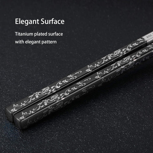 Stainless Steel Chopsticks - Titanium Plated Reusable Metal Chopsticks, Dishwasher Safe, 2 Pairs Gift Set Black Silver
