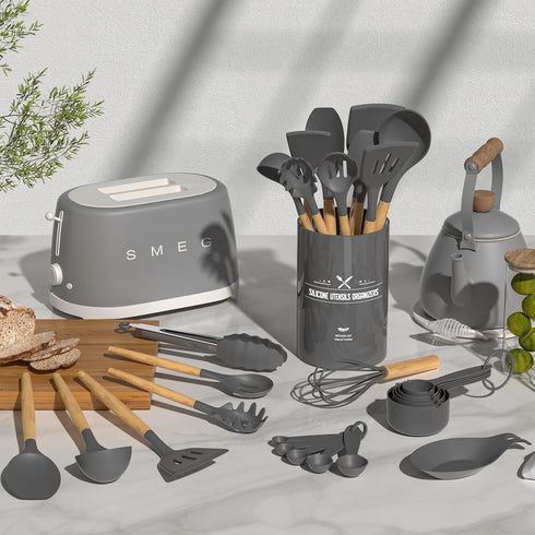 Umite Chef Kitchen Cooking Utensils Set, 33 pcs Non-stick Silicone Spatula Set with Holder, Woodle Handle Heat Resistant Gadgets Utensil (Gray) by Umite Chef