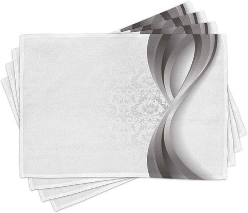Ambesonne Grey Place Mats Set of 4, Vintage Damask Inspired Wavy Stripes with Flowers, Washable