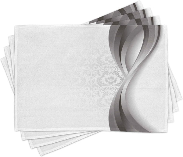 Ambesonne Grey Place Mats Set of 4, Vintage Damask Inspired Wavy Stripes with Flowers, Washable