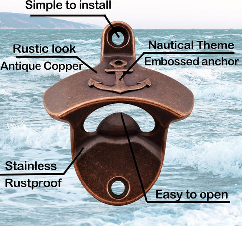 Old Fashioned Wall Mounted Bottle Opener - Stainless Soda Cap Opener for Nautical Coastal (Antique Copper)