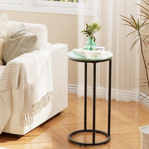 Katrawu Blue(11.81" 11.81" 23.62" C Shaped end Table,Wood Round Side Table for Couch,Small Sofa Table with Metal Frame