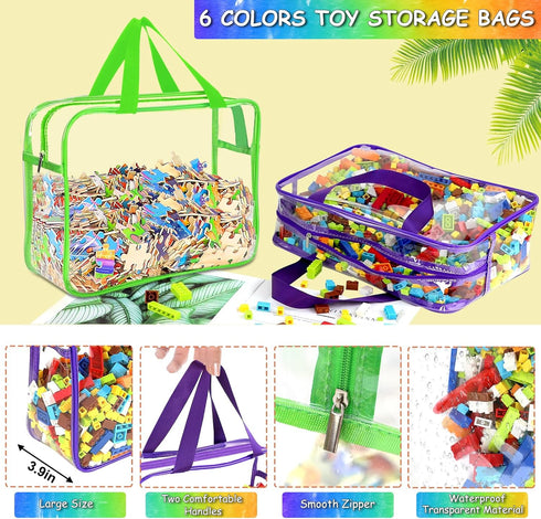 OPELETNNT 6 Packs Books6 Large Toy Storage Bags with Labels, Reusable Clear PVC Board Game Storage, Travel Waterproof