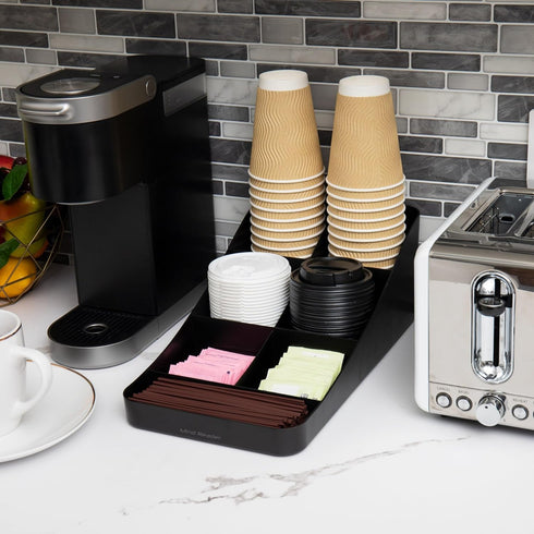 Mind Reader Cup and Condiment Station, Countertop Organizer, Coffee Bar, Kitchen, Stirrers, 7.25"L x 15.5"W x 5.25"H, Black by Mind Reader