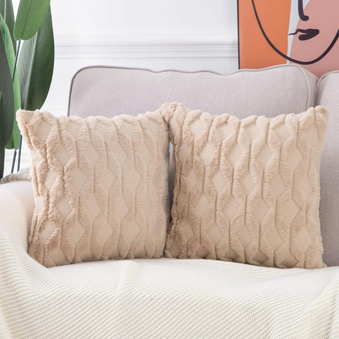 MADIZZ Set of 2 Soft Plush Short Wool Velvet Decorative Throw Pillow Covers 16x16 inch, Khaki Square Luxury Style