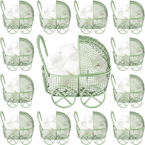 Threehoney 12 Pcs Baby Shower Mini Carriage Decoration Greenery Color Metal Wired Fillable