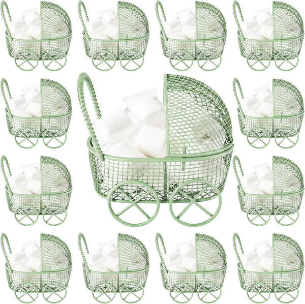 Threehoney 12 Pcs Baby Shower Mini Carriage Decoration Greenery Color Metal Wired Fillable