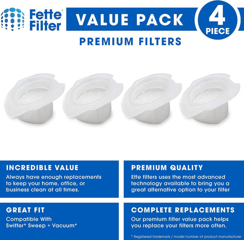 Fette Filter - Vacuum Replacement Filters Compatible with Swiffer Sweep and Vac. Compare to Part #99196 (Pack of 4)