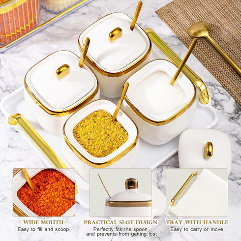 EABOSON 4 Pack Set Gold Condiment Spice Jars with Lids, Spoons, Tray - Ceramic Seasoning Box for Salt, Pepper, Sugar