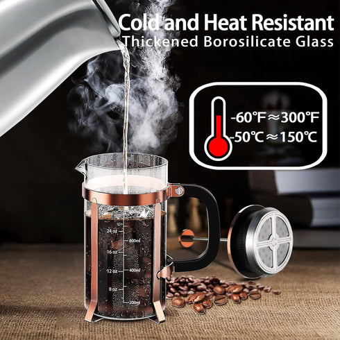 French Press Coffee Maker, 304 Stainless Steel, 4 Filters, Borosilicate Glass, BPA-Free, 21 Ounce