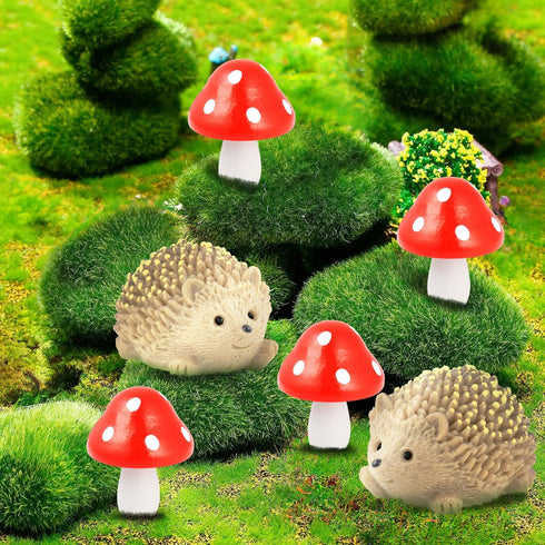 6 Pack CooBigo Resin Hedgehogs & Wood Mushroom Sculpture, Fairy Wild Garden Supplies, Figurines for Fairy Garden Wild