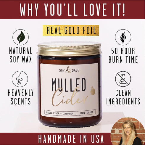 Mulled Cider Candle, Fall Scented Candle with Cinnamon & Nutmeg - Infused with Essential Oils, 9oz Reusable Jar