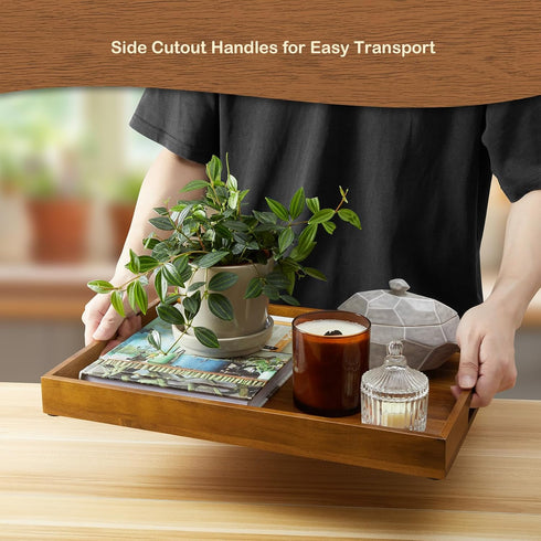 GCWSTJK 17 Inch Acacia Wood Serving Tray with Handles, Large Wooden Tray for Ottoman, Breakfast in Bed, Coffee Table