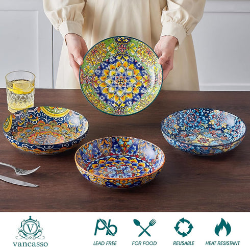42 oz 4,Large vancasso Pasta Bowls, Ceramic Salad Bowls of Corlorful Serving Bowls for Kitchen, Dishwasher & Microwave