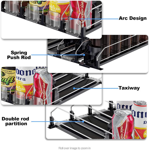 JUNMEI 12oz 16oz 20oz Drink Organizer for Fridge, Adjustable Width Soda Can Dispenser, 15" D, Black, 3 Rows