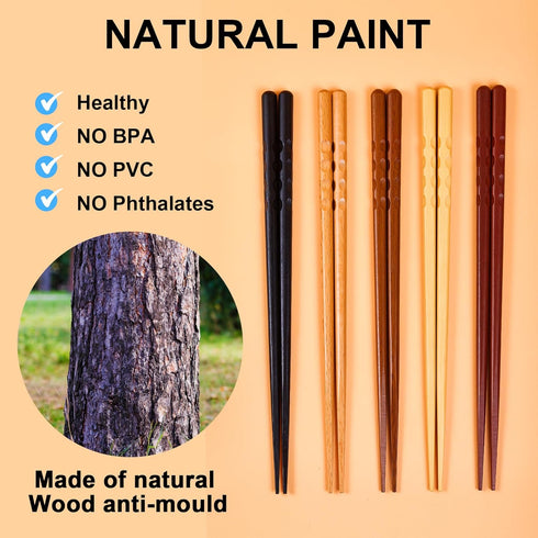 5 Pairs Japanese Minimalist Reusable Chopsticks, 8.8 Inch Non-Slip Natural Wood Set for Sushi, Noodles, Rice | Asian