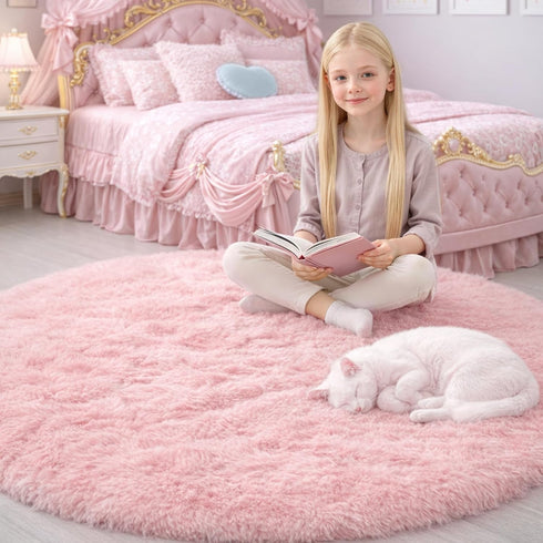 4Ft Amdrebio Light Pink Round Circle Rug for Girls Bedroom, Fluffy Cute Area Rugs for Kids Room Decor Aesthetic, Kawaii