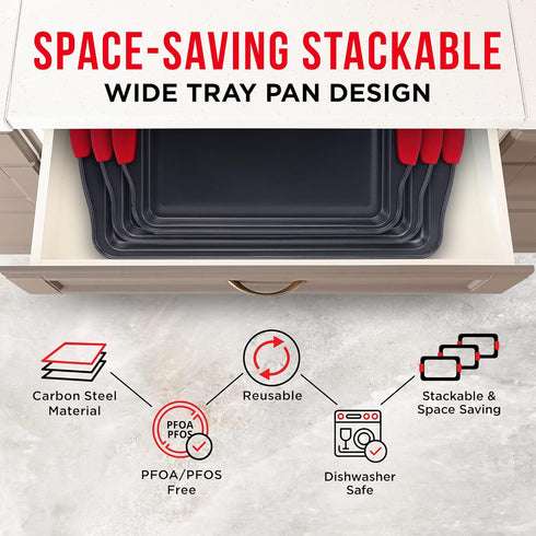 BAKKEN Cookie Sheets for Baking Nonstick Set - 3-Piece Stackable Carbon Steel Baking Sheet Pans Set with Silicone Handles, Non Toxic Cookie Sheets for Baking Bakeware Set - Black by BAKKENMASTER