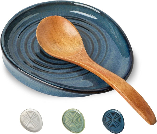 Ceramic Spoon Rest for Stove Top, Glazed Blue Spoon Holder for Kitchen Counter, Utensil Holder for Spoons, Ladles