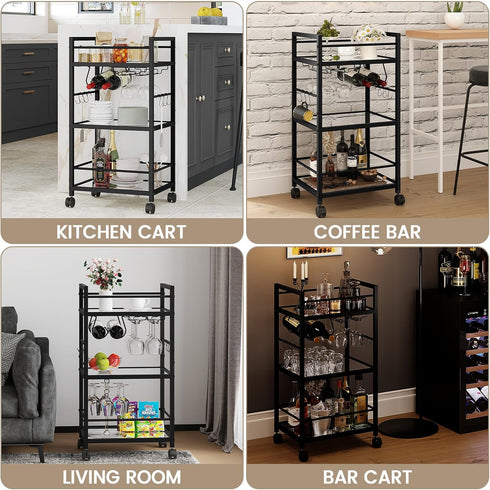 Bar Cart with Wine Rack and Glass Holder, Serving Cart for Home, Mobile Kitchen Shelf, Rolling Beverage Cart in Black