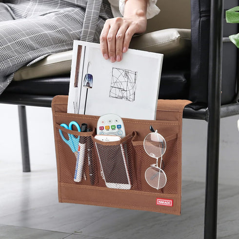 HAKACC Bedside Organizer with Hanging Pocket, Remote Holder for Bed Accessories, Brown