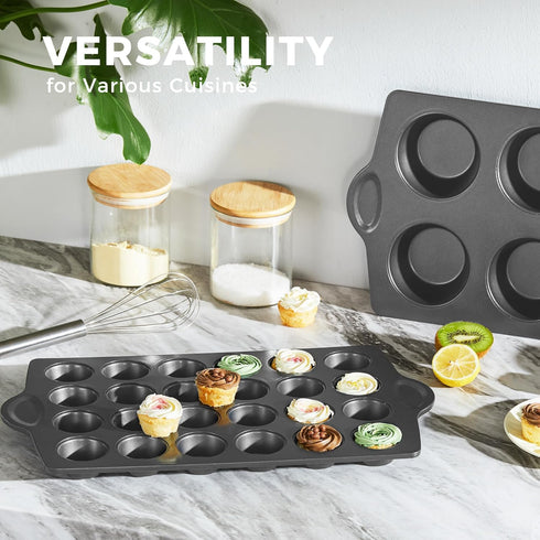 HONGBAKE Mini Muffin Pan, Nonstick 24 Cupcake Tin for Baking, Heavy-duty Gray Tray for Cheesecake