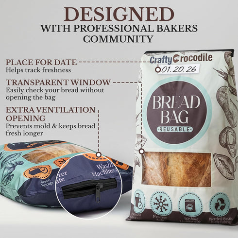 2 Pack Reusable Bread Bags for Homemade Bread - Food Grade Storage for Sourdough Bread with Transparent Window, Date