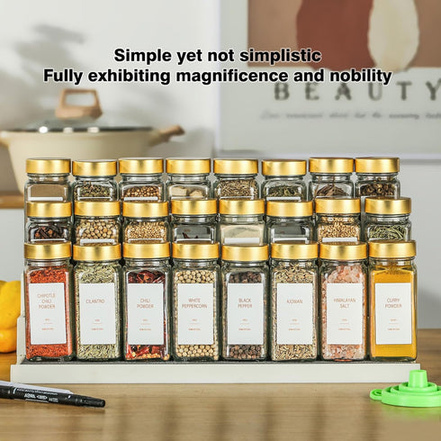 TESUNMU Label4oz CabinetDrawerRack(24) Gold Spice Jars with Seasoning Containers, Glass Spice Bottles with Shaker